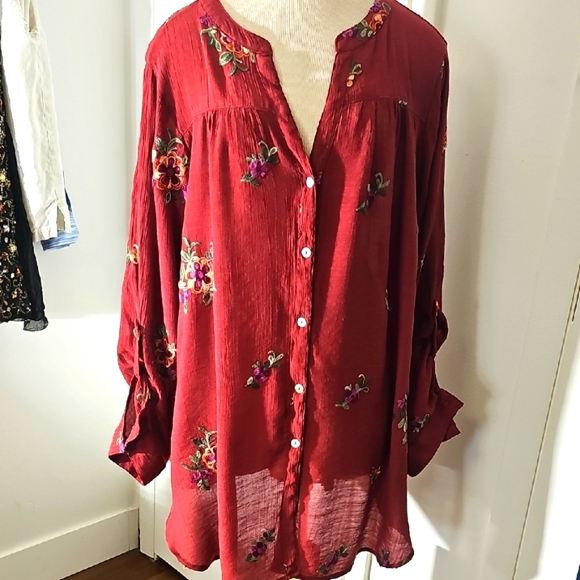 Anthropologie Fig & Flower Embroidered Red Women's Tunic Top Tab Sleeves. 3X - Picture 1 of 9